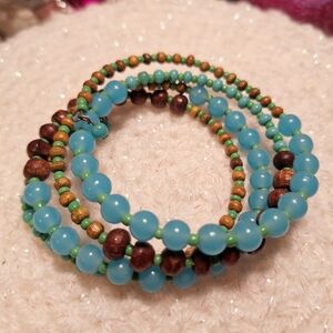 Aqua And Wood Beads Memory Wire Unisex Bracelet